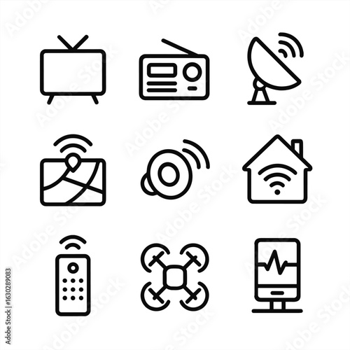 Receiver Icon Set. Outline icon set of receiver applications: television, radio, satellite TV, GPS navigation, wireless audio,