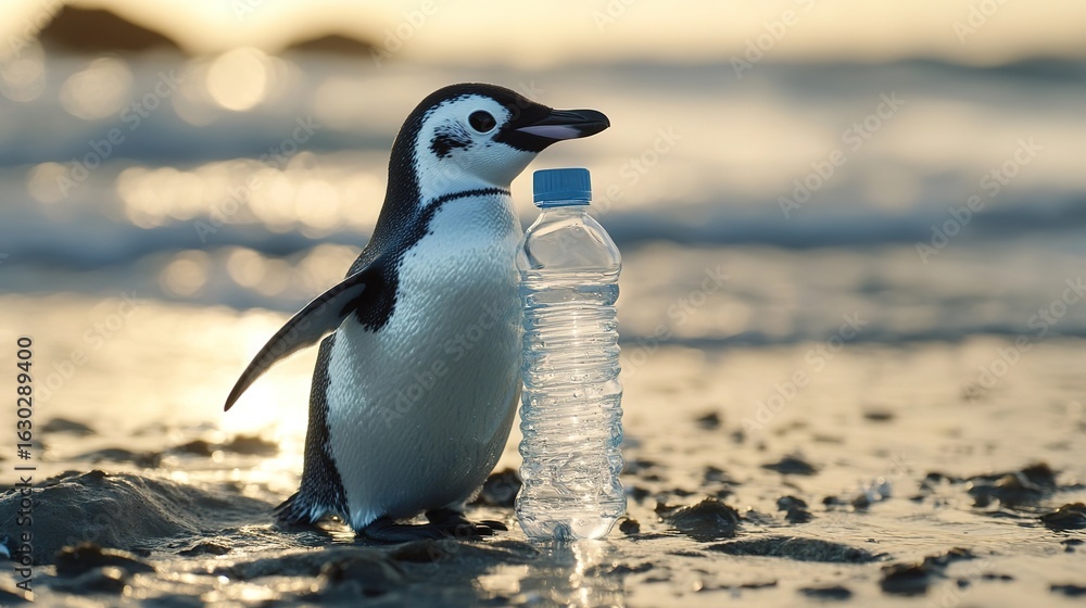 Naklejka premium A penguin stands on a beach holding a plastic water bottle. Sunrise/Sunset light
