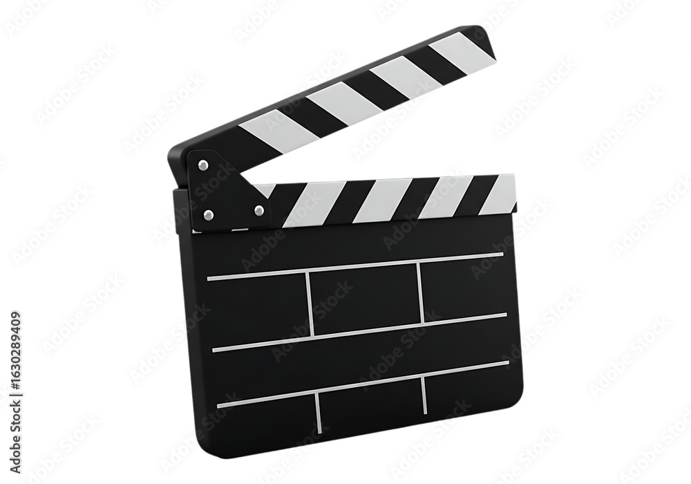 Fototapeta premium Classic black and white movie clapperboard slightly open on transparent background