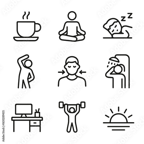 Refresh Lifestyle Icons. Outline icon set of refresh lifestyle: morning coffee, meditation, nap, stretching, breathing exercise,