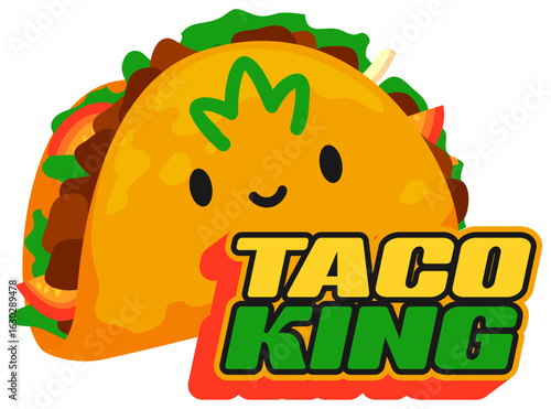 Fast food taco king vintage Y2K sticker or label. Street food menu funky vector sticker, takeaway meal retro hippie tag. Mexican fast food Y2K label with Mexico taco kawaii character and typography