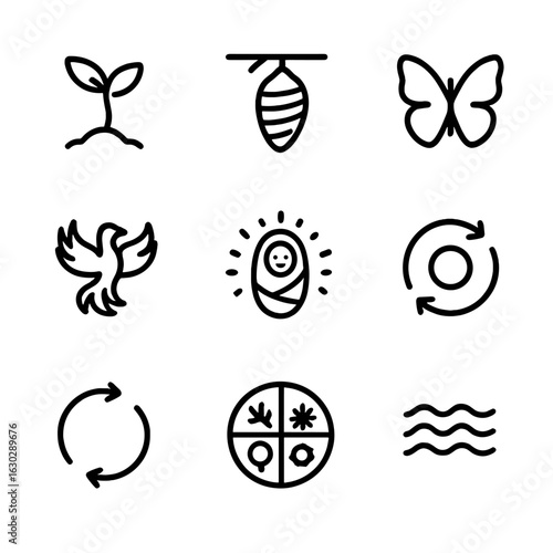 Reincarnation and Celestial Icons. Outline icon set of reincarnation: seedling sprout, cocoon, butterfly, phoenix, birth symbol,