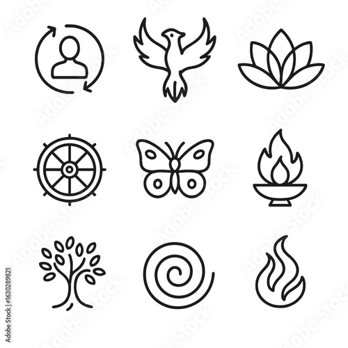 Reincarnation Icon Set. Outline icon set of reincarnation: soul cycle, phoenix rising, lotus flower, karmic wheel, butterfly