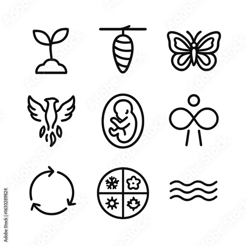 Reincarnation Icon Set. Outline icon set of reincarnation: seedling sprout, cocoon, butterfly, phoenix, birth symbol, soul loop,