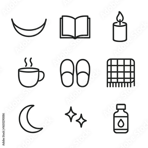 Relaxation Icon Set. Outline icon set of good vibes relaxation: hammock, book, candle, cup of tea, slippers, cozy blanket, moon,