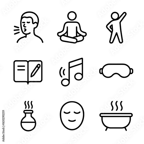 Relaxation Techniques Icons. Outline icon set of relaxation techniques: deep breath, meditation, stretching, journal, calming