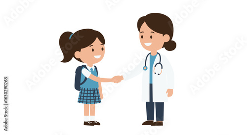 Friendly female doctor shaking hands with a young schoolgirl patient, establishing trust in pediatric healthcare