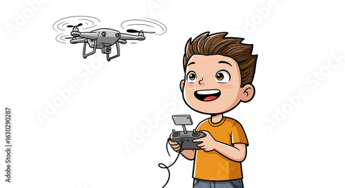 Childhood joy meets modern tech. A cartoon boy enthusiastically operates a flying quadcopter drone with a remote controller.