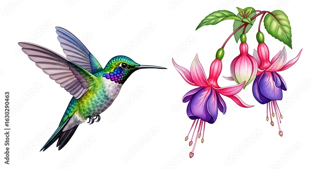 Obraz premium Hummingbird gracefully hovering near vibrant fuchsia blossoms.