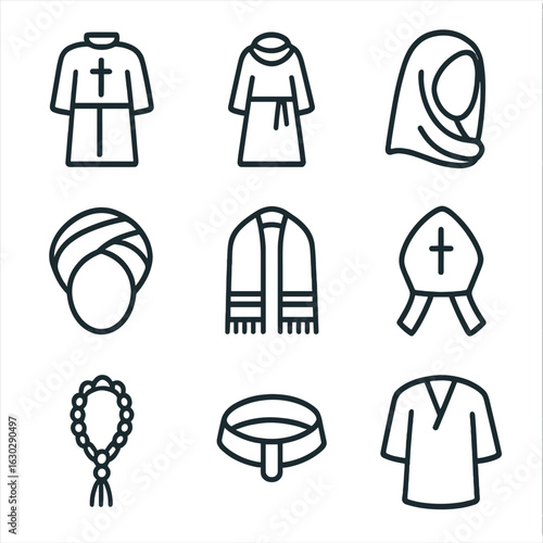 Religious Clothing Icons. Outline icon set of religious clothing: priest robe, monk robe, headscarf, turban, prayer shawl,
