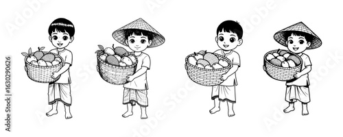 Asian Boy with Basket of Tropical Fruit - Rural Harvest Illustration Set