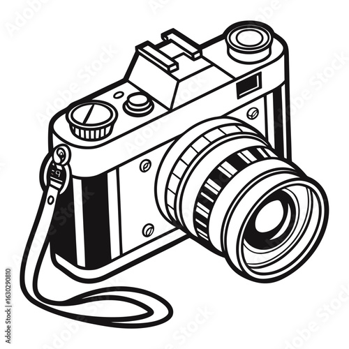 Classic camera with lens and strap line art illustration