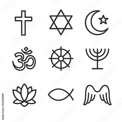 Religious Symbols Grid. Outline icon set of scripture symbolism: cross, star of david, crescent, om symbol, dharma wheel, menorah,