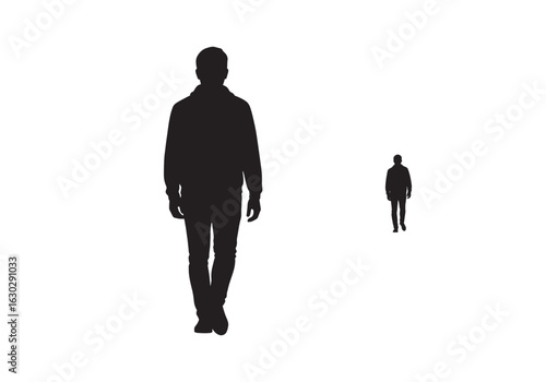  A silhouette of a man walking away in the distance, while another man is walking in the foreground. This image can represent pursuit, following, or being left behind.