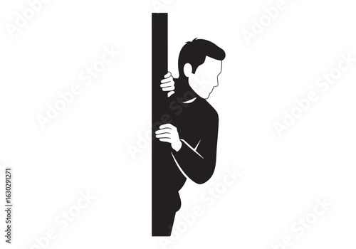 A man in a black turtleneck peeks cautiously from behind a wall or pillar.