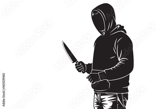 A menacing, anonymous figure in a black hoodie looks down at a large knife in hand.