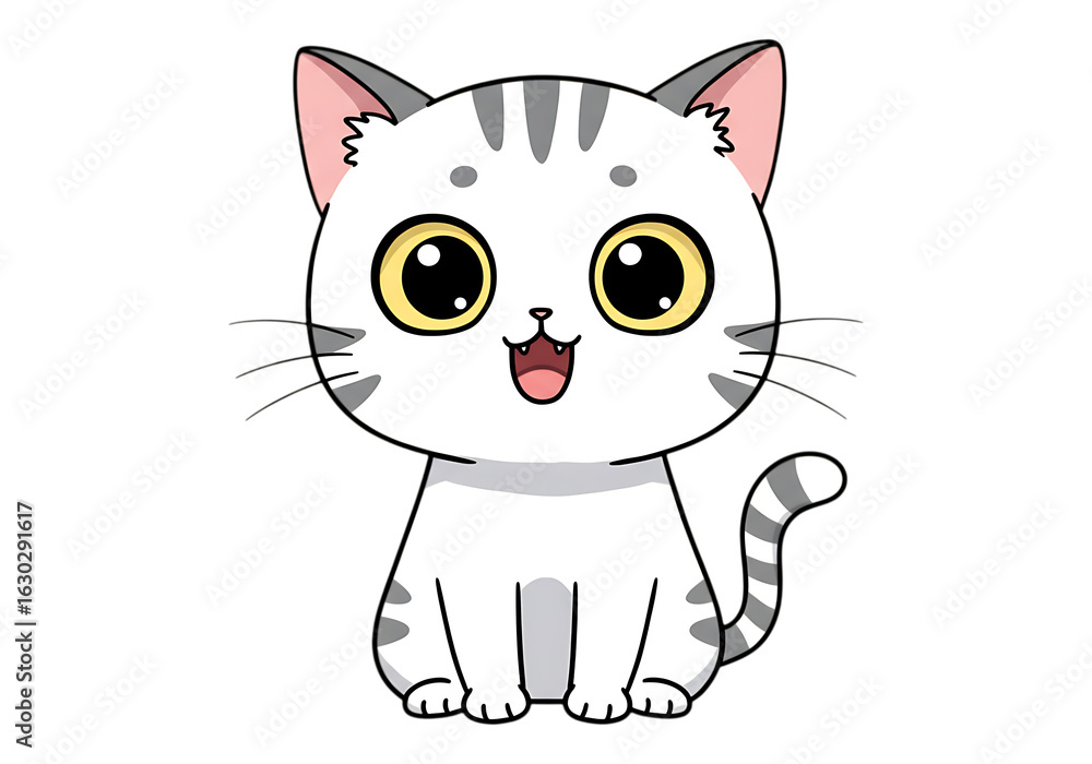 Obraz premium Adorable cartoon gray tabby cat illustration smiling on transparent background