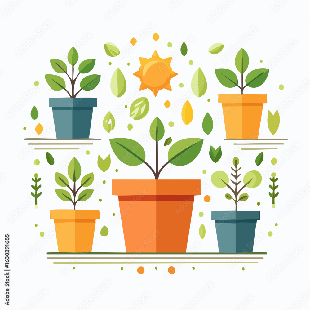 Obraz premium Vibrant flat design illustration of various potted plants and seedlings on shelves, symbolizing growth, gardening, and connection with nature.