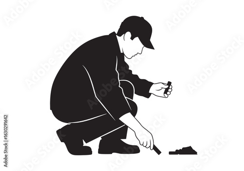 An investigator in a cap crouches down to collect and examine a sample from the ground.