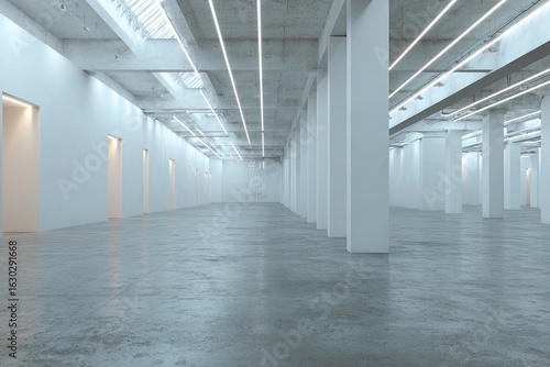 Empty white industrial space.  Long  bright hall with concrete floor  white walls  and columns.  Linear lighting accents the ceiling.  Large windows high up