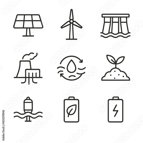 Renewable Energy Icons. Outline icon set of renewable energy sources: solar panel, wind turbine, hydroelectric dam, geothermal