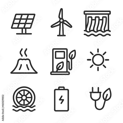 Renewable Energy Icons. Outline icon set of renewable energy: solar panel, wind turbine, hydro dam, geothermal vent, biofuel leaf,