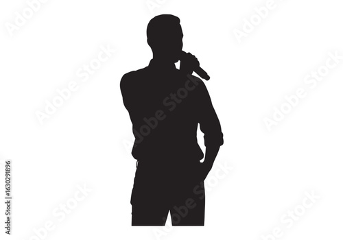 A black silhouette of a man singing into a microphone, depicted in a classic performance pose.
