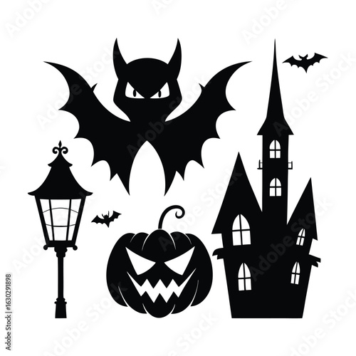 Black Halloween silhouette icons of haunted house bat pumpkin and lamp white