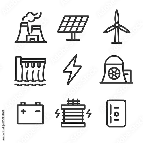 Renewable Energy Icons. Outline icon set of electricity generation: power plant, solar panel, wind turbine, hydroelectric dam,