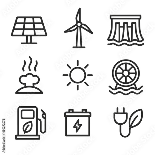 Renewable Energy Icons. Outline icon set of renewable energy: solar panel, wind turbine, hydro dam, geothermal vent, biofuel leaf,