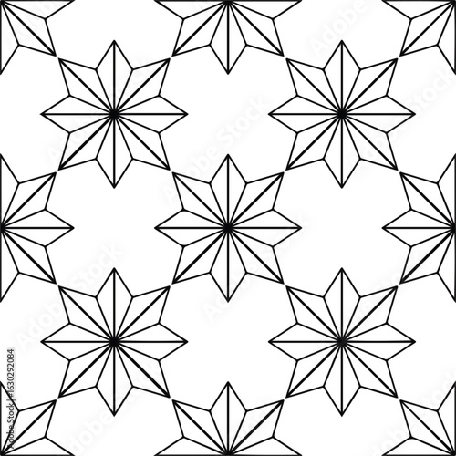 Black outline eight pointed star geometric pattern seamless background abstract white