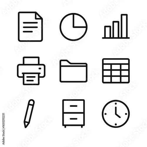Report Icon Set. Outline icon set of report generation: document, pie chart, bar chart, printer, folder, spreadsheet, pencil, file