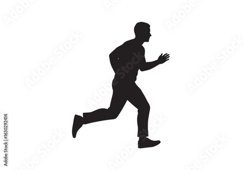 A black silhouette of a man running in profile on a plain white background.