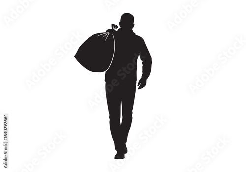 A black silhouette of a man walking forward while carrying a large sack over his shoulder.