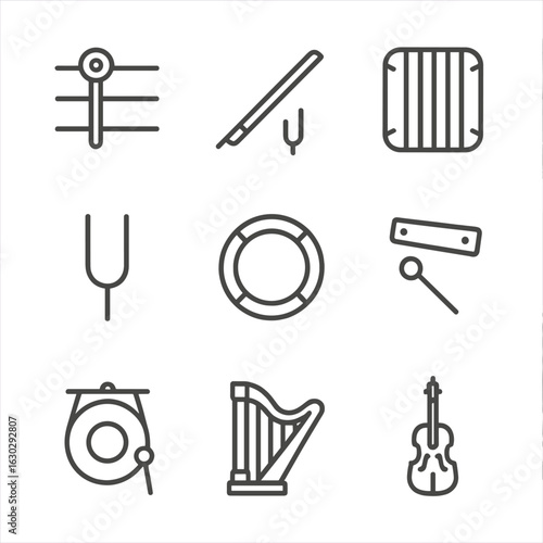 Resonance Instruments Icons. Outline icon set of resonance instruments: guitar string, violin bow, piano strings, tuning fork,