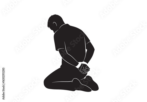 A silhouette of a man kneeling with his hands bound behind his back, depicting a captive or prisoner.