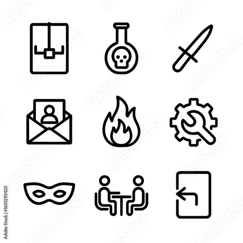 Revenge Method Icons. Outline icon set of revenge methods: trap, poison, weapon, blackmail, fire, sabotage, disguise, secret