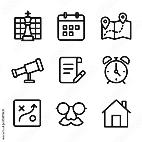 Revenge Planning Icons. Outline icon set of revenge planning: chessboard, calendar, map, spyglass, notes, clock, strategy,