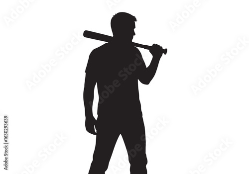 A black silhouette of a man standing and holding a baseball bat over his shoulder.