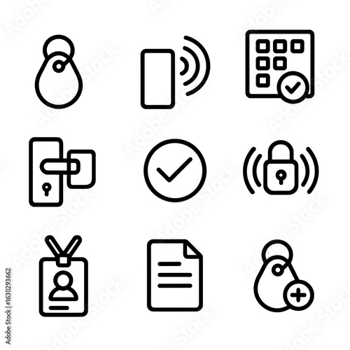 RFID Key Fob Icons. Outline icon set of RFID key fob usage: RFID tag, reader antenna, access control panel, door lock activation,