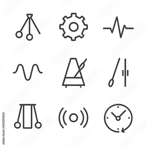 Rhythmic Motion Icons. Outline icon set of rhythmic motion: pendulum swing, ticking gear, heartbeat pulse, wave form, metronome