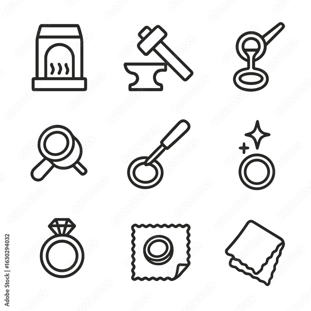 Obraz premium Ring Crafting Icons. Outline icon set of ring crafting: forge, hammer, anvil, molten metal, jeweler’s loupe, engraving tool,