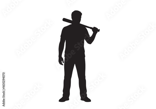A black silhouette of a man standing and holding a baseball bat over his shoulder.