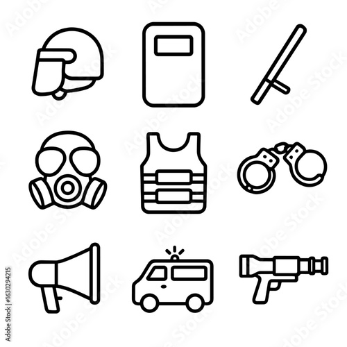 Riot Police Gear Icons. Outline icon set of riot police gear: helmet, riot shield, baton, gas mask, body armor, handcuffs,