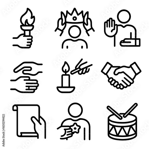 Ritual Ceremony Icons. Outline icon set of initiation in rituals and ceremonies: torch lighting, crown placement, oath taking,