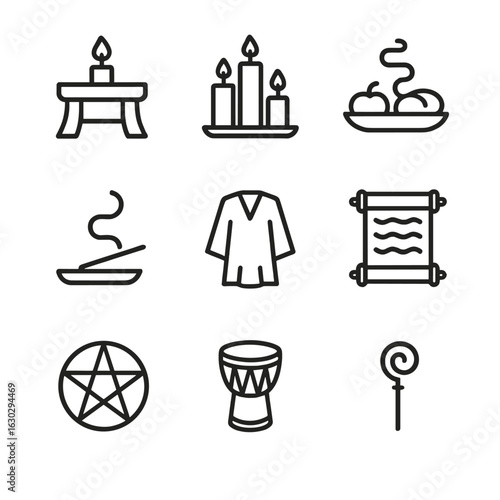 Ritual Ceremony Icons. Outline icon set of ritual ceremonies: altar table, candle cluster, offering plate, incense smoke,