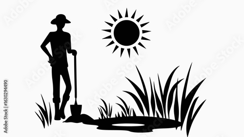 Silhouette of a farmer with a shovel in a field under the sun on a white background landscape scene