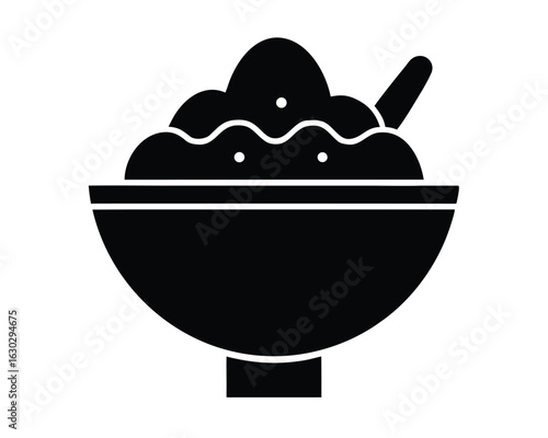 A black bowl of cereal with a spoon isolated on white background Ai generated