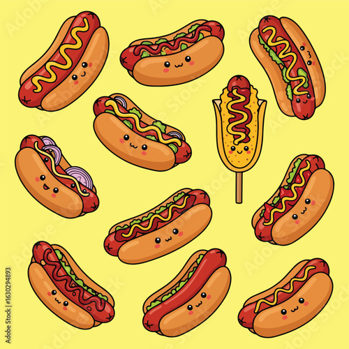 A cute collection of various cartoon hot dogs including a corn dog and other happy foods