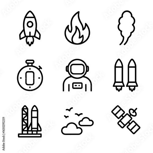 Rocket Launch Icons. Outline icon set of rocket launch: rocket, flame, smoke trail, countdown timer, astronaut, boosters, launch